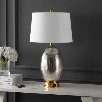 Reese Contemporary Style Iron/Glass LED Table Lamp with USB Charging Port - JONATHAN Y